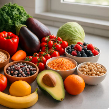 Fresh vegetables, fruits, and legumes